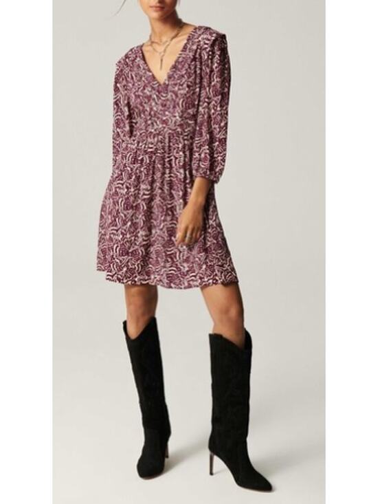 ba&sh Dresses & Skirts - NWT ba&sh Printed Long Sleeve Mini Dress Burgundy Cream Size Medium